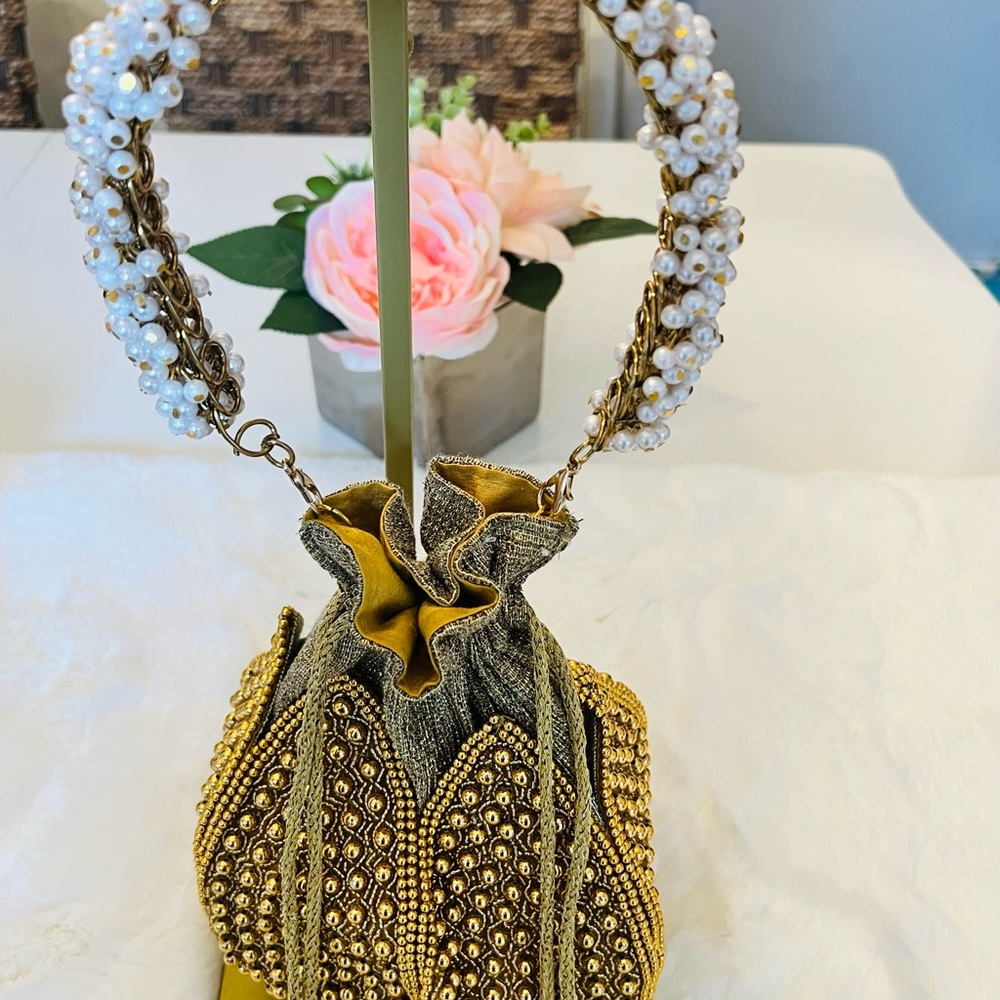 RAMLA Gold Beaded Drawstring Evening Bag Pearl Handle Clutch Purse - Picture 7 of 14